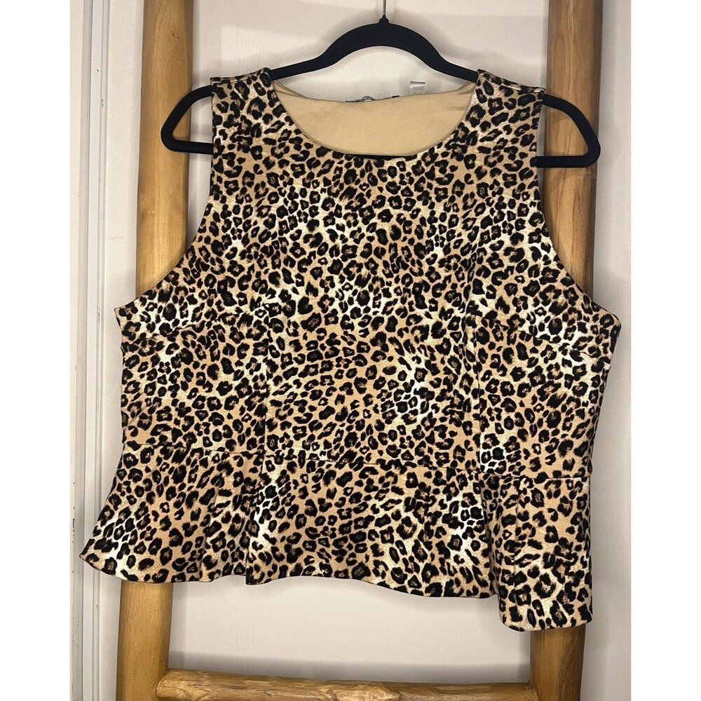 Tahari Leopard Animal Print Sleeveless Peplum Ruffle Top Beige Black Size XL